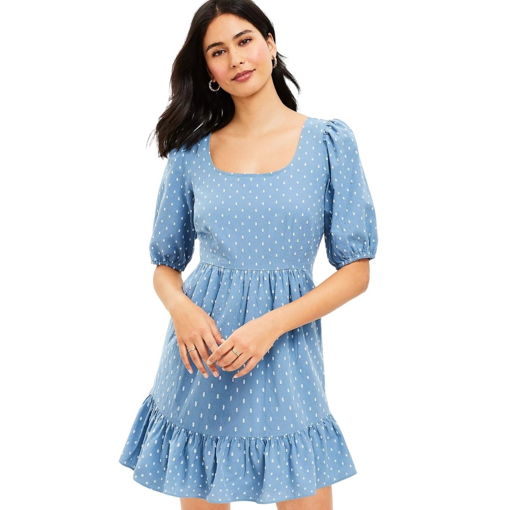 LOFT‎ Dress Womens 14 Blue Clip Tie Back Swing Polka Dot Puff Sleeve Ruffle Hem